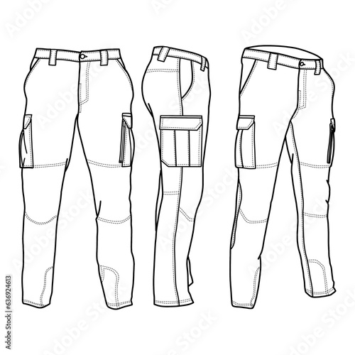 Technical sketch drawing of mens cargo trousers vector template, front, back and side view, isolated on white background, suitable for your custom cargo trousers editable color and stroke.