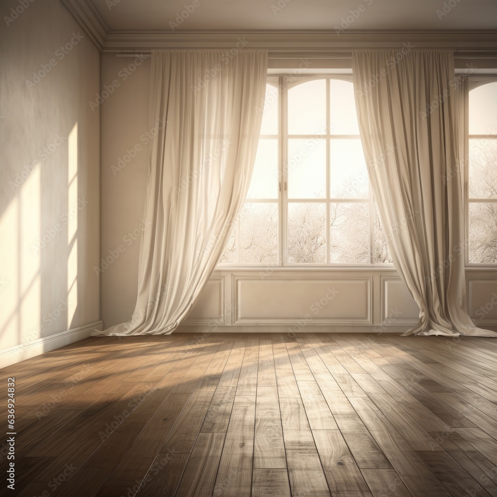 Fototapeta premium Empty interior room with window and curtains.