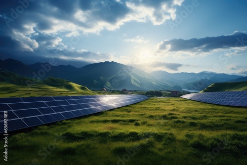 solar panels in natural landscape with bright sun. 