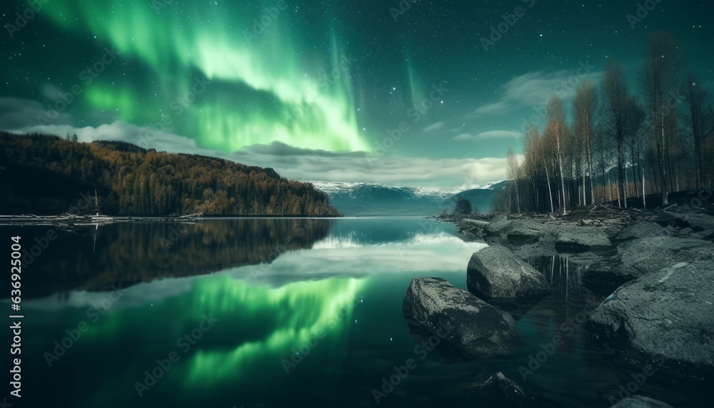 beautiful nature view lake with northern lights reflection surreal style 