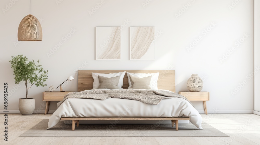 Fototapeta premium Modern interior design of Scandinavian elegant bedroom, Generative AI