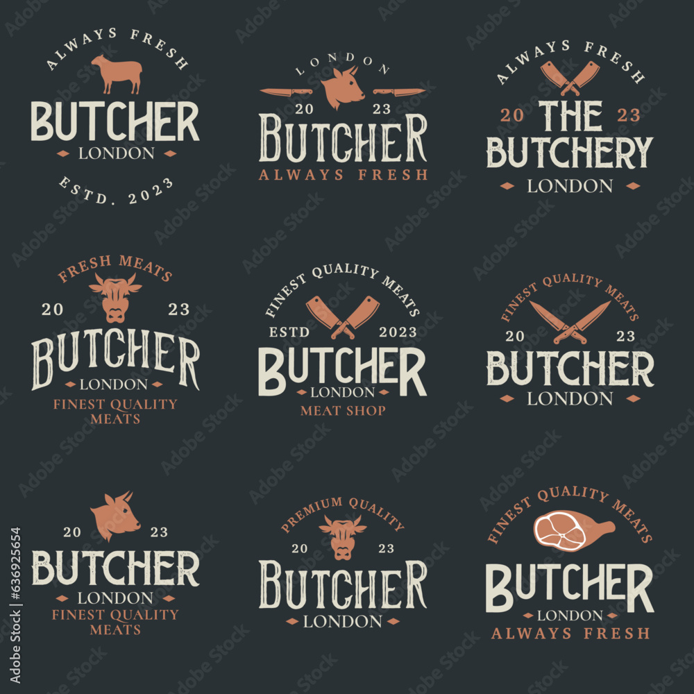 Vintage butchery logo templates bundle. Butchery shop logo ornament vector design elements set. Emblem of Butcher meat shop set