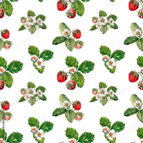 Summer seamless berry pattern with strawberry bushes. Ripe red berries with flowers, buds, green leaves on a white background. Hand drawn watercolor illustration for fabric, textile, home interior.