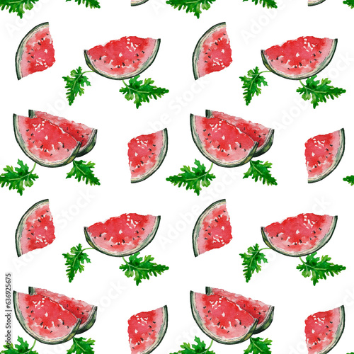Fototapeta Naklejka Na Ścianę i Meble -  Seamless summer fruit pattern with ripe watermelon slices and green leaves. Hand drawn watercolor illustration on white background for design wallpaper, home textile, fabric, packaging, wrapping paper