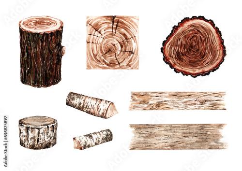 Set of isolated elements, wooden saws, stump, birch logs, board, wooden shield, pointer, building materials. Hand-drawn watercolor illustration on a white background for cards, prints, banners.