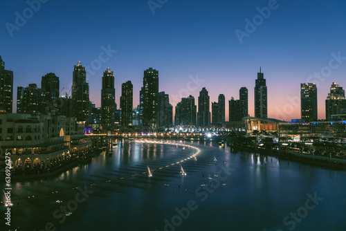 Unique view of Dubai Dancing Fountain show at night. 