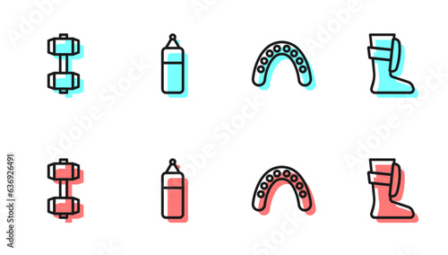Set line Mouth guard boxer, Dumbbell, Punching bag and Sport boxing shoes icon. Vector