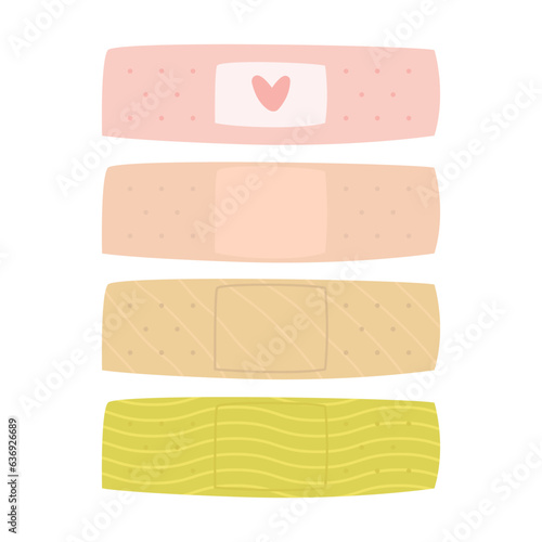 A flat vector set of cute adhesive patches. Medical plasters for first aid and wound protection. Isolated design on a white background.
