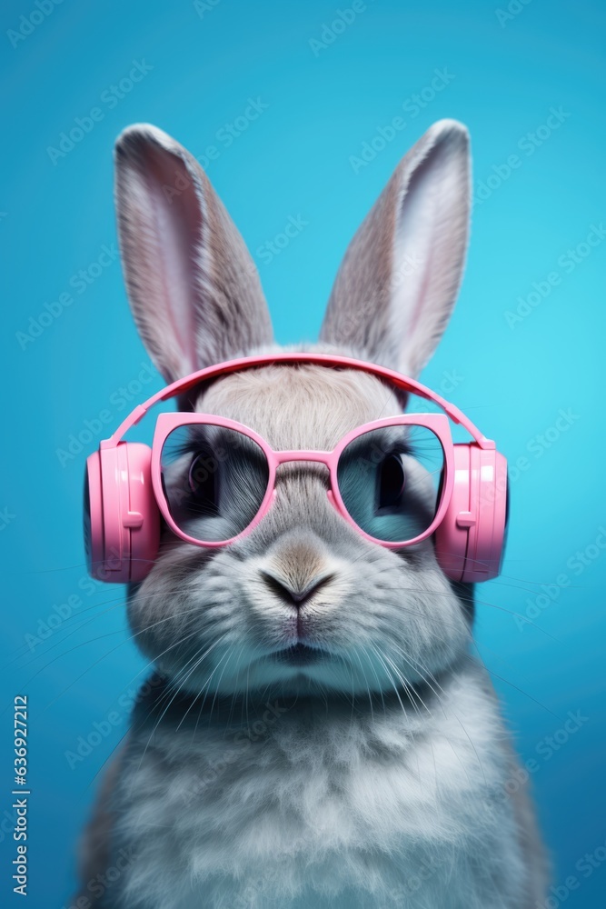 Portrait of rabbit with pink headphones and sunglasses. AI generative art