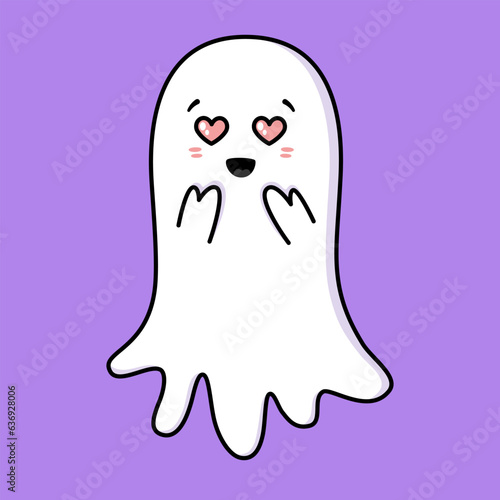 Cute ghost. Halloween ghost character with heart eyes. Spooky expression creature. Sticker emoticon with in love, infatuation, adoration emotion. Vector illustration