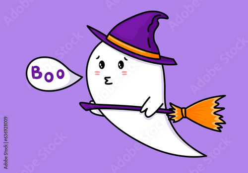 Cute ghost. Halloween ghost character in witches hat and with broom say boo. Spooky expression creature. Sticker emoticon. Vector illustration