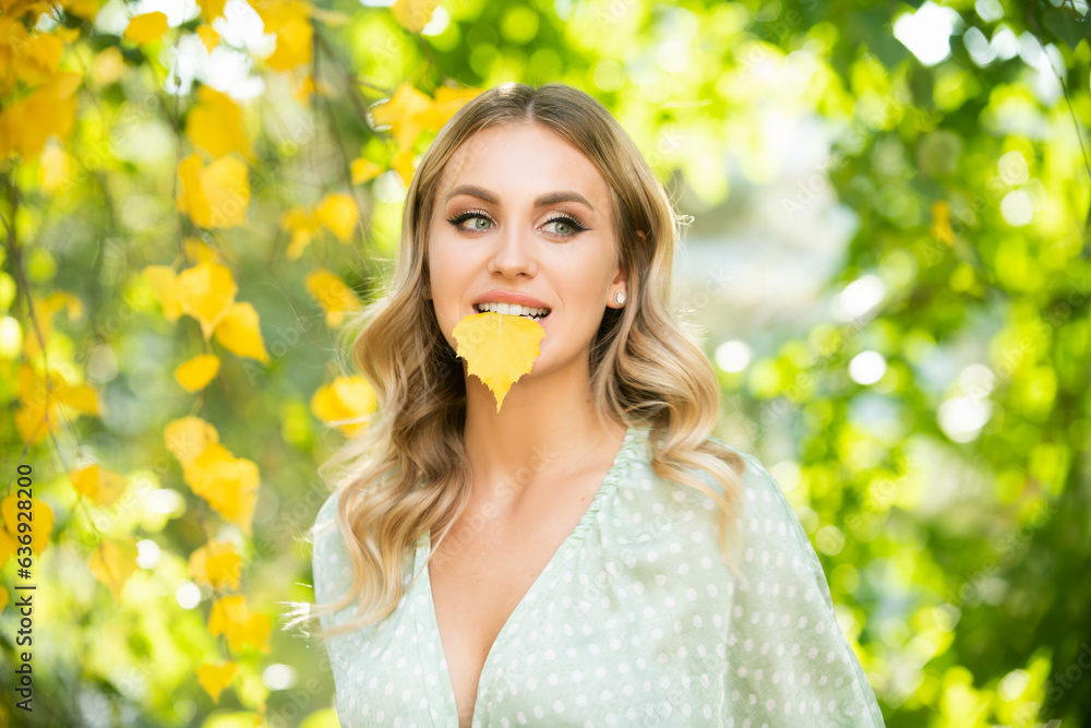 Beautiful girl outdoors in autumn fall. Young woman collects yellow fall leaves in autumn. Beauty woman holds autumn yellow leaf fall the face. Portrait of sensual woman over autumn fall background. Beautiful girl outdoors in autumn fall. Young woman collects yellow fall leaves in autumn. Beauty woman holds autumn yellow leaf fall the face. Portrait of sensual woman over autumn fall background.