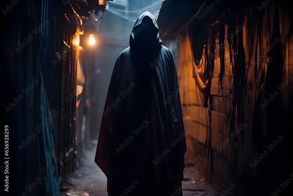 A shadowy figure cloaked in a tattered robe, standing beneath a ...