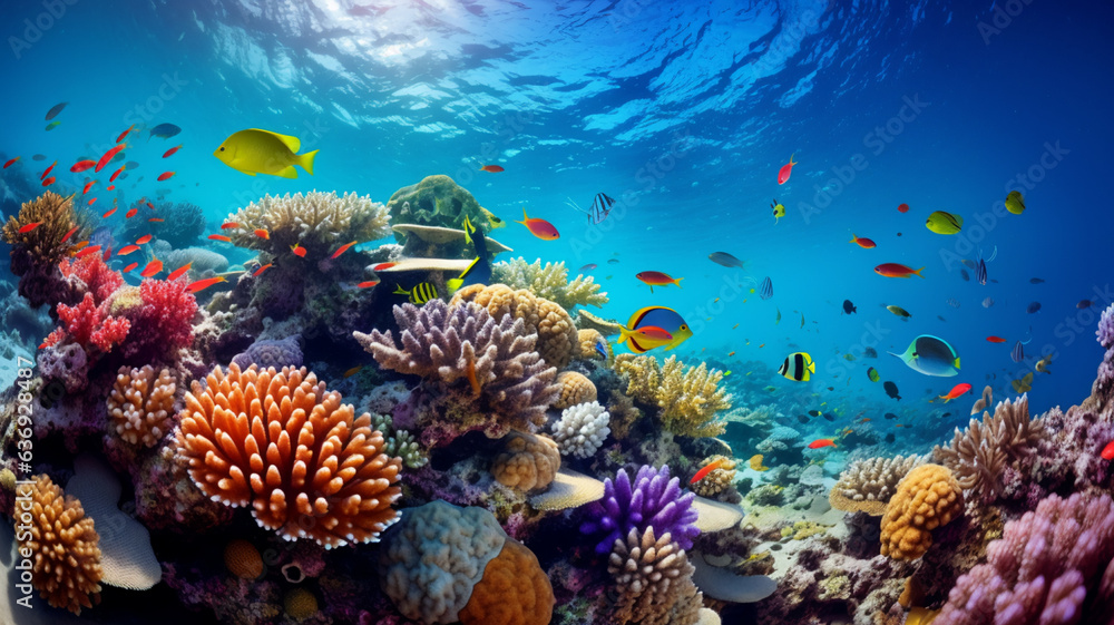 Naklejka premium A mesmerizing underwater coral reef teeming with colorful fish. AI Generative.