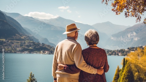 Senior couple, moutains and lake view background