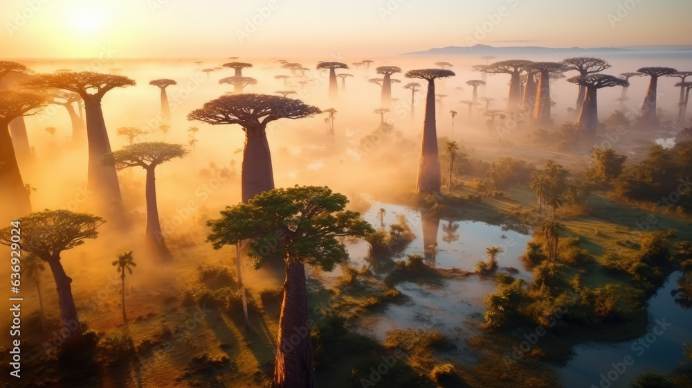 Baobab tree on Madagascar, aerial view - obrazy, fototapety, plakaty 