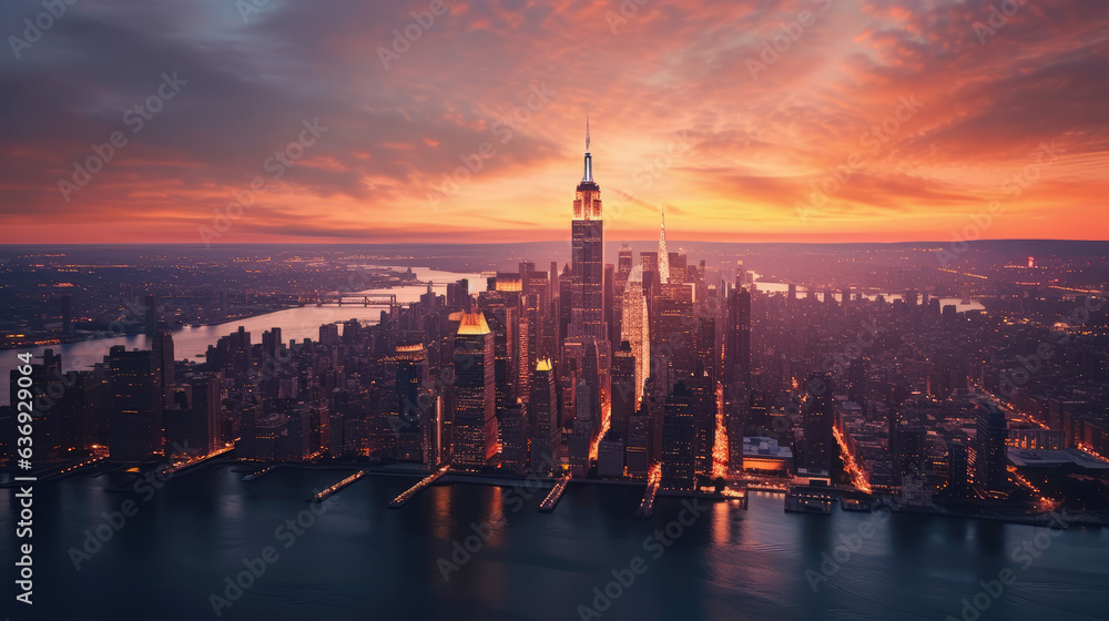 New York downtown at sunset, aerial view