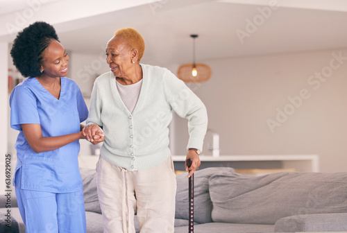 Nurse, holding hands and senior black woman with walking stick, help or smile in home. Caregiver, support and elderly patient with a disability, cane and kindness in assistance, empathy or healthcare