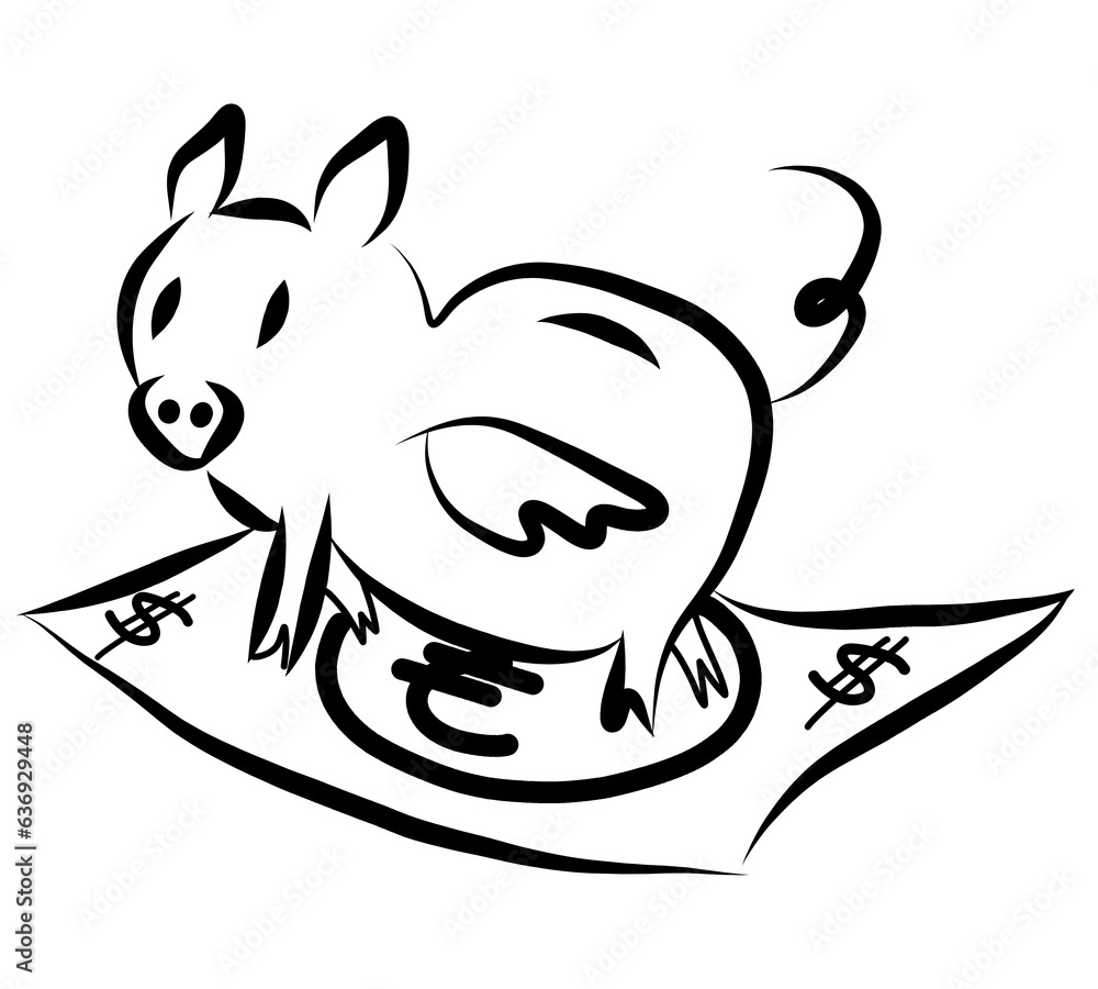 Cerdito hucha volando sobre billete. Cerdo con alas volando encima de ...