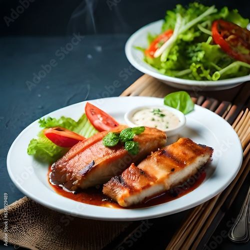 Grilled fish steak on a neutral background created and generated by AI