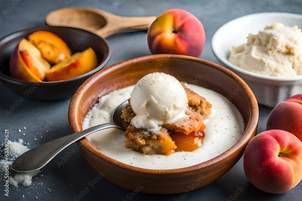 Peach cobbler with homemade cream cheese ice cream on a neutral background created by AI Peach cobbler with homemade cream cheese ice cream on a neutral background created by AI