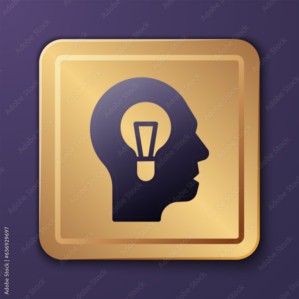 Purple Human with lamp bulb icon isolated on purple background. Concept of idea. Gold square button. Vector Purple Human with lamp bulb icon isolated on purple background. Concept of idea. Gold square button. Vector