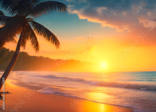Landscape beautiful beach and waves and romantic sunset. 