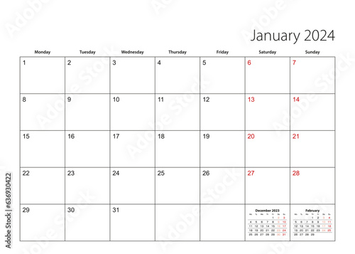 January 2024 simple calendar planner, week starts from Monday.