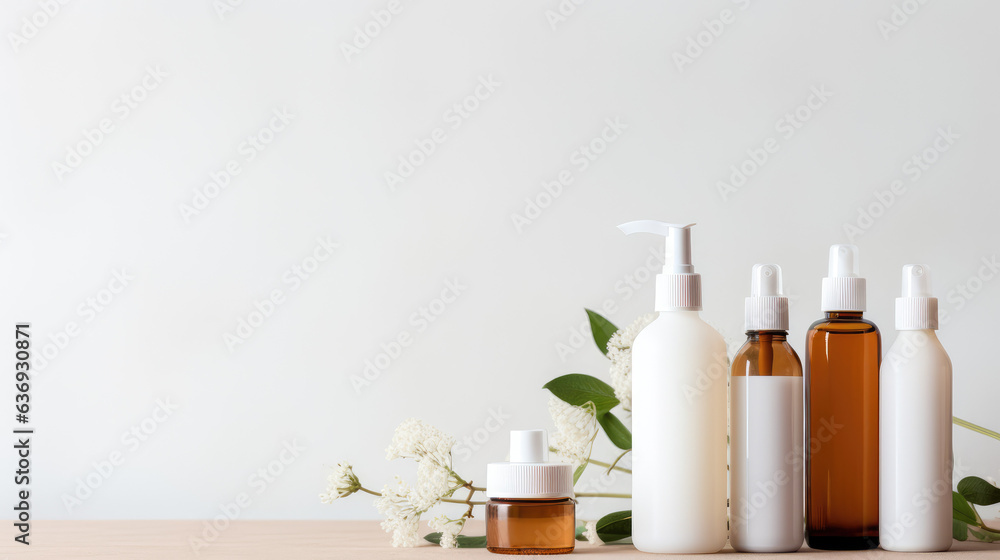 Nature osmetic skin care products on white background flat lay Nature osmetic skin care products on white background flat lay