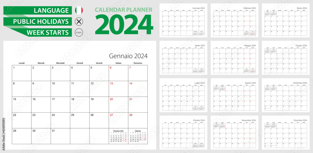 Italian calendar planner for 2024. Italian language, week starts from Monday. - obrazy, fototapety, plakaty 