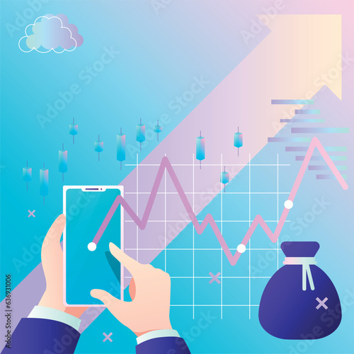 Creative infographics of the chart of the rise and fall to the bag of money against the background of the up arrow of stockbroker candles. Vector for describing SMM and banners