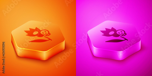 Isometric Poison flower icon isolated on orange and pink background. Hexagon button. Vector