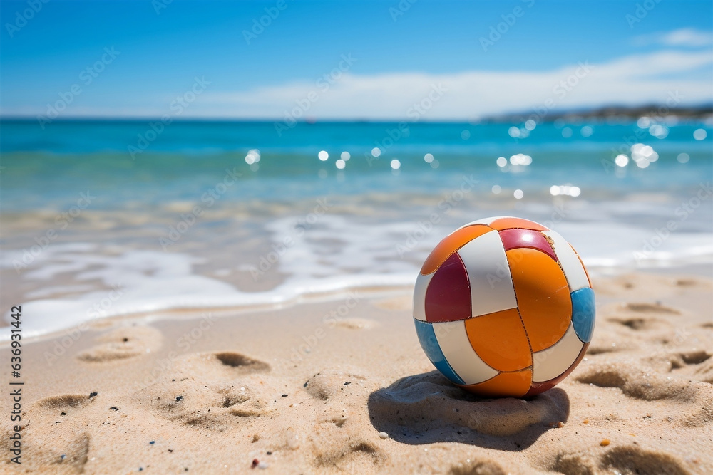 Colorful beach ball stands tall on the wet white sand