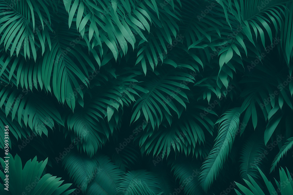 beautiful green jungle of lush palm leaves, palm trees in an exotic tropical forest, selective sharpness tropical plants nature concept for panorama wallpaper,