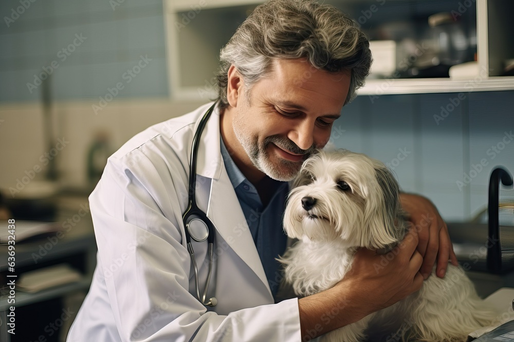 Dedicated Male Veterinarian Provides Expert and Warm Care to Furry Patient at Bustling Animal Clinic Dedicated Male Veterinarian Provides Expert and Warm Care to Furry Patient at Bustling Animal Clinic