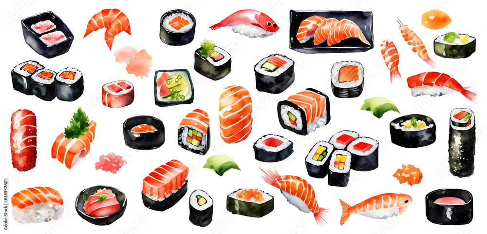 Set of sushi, soy sause, salmon, nori.