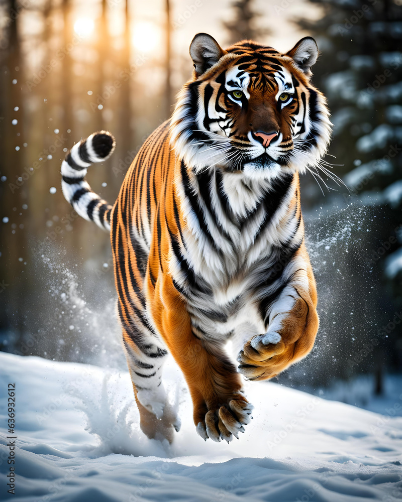 Fototapeta premium a tiger jumping in the snow of a winter landscape - generative ai