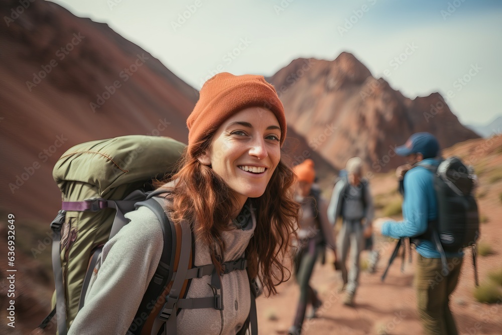 Outdoor Guide Leads Adventurous Group through Picturesque Mountain Landscape with Hiking Gear