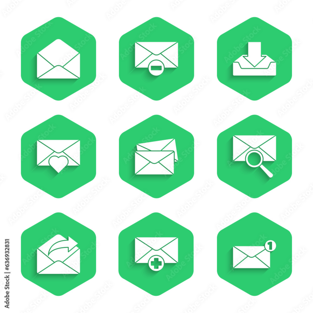 Set Envelope, Received message concept, with magnifying glass, Outgoing mail, Valentine heart, Download inbox and icon. Vector Set Envelope, Received message concept, with magnifying glass, Outgoing mail, Valentine heart, Download inbox and icon. Vector