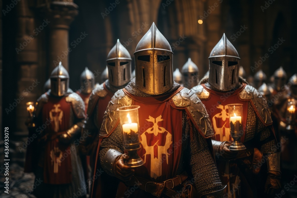 A group of Knights Templar in their distinctive white mantles, standing united and ready to defend their ideals. Generative AI A group of Knights Templar in their distinctive white mantles, standing united and ready to defend their ideals. Generative AI