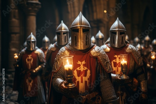 A group of Knights Templar in their distinctive white mantles, standing united and ready to defend their ideals. Generative AI