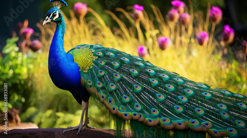 Close-up portrait of a male peacock displaying beautiful plumage. AI Generative.