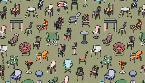 Seamless pattern of outlined furniture on a grass green background.