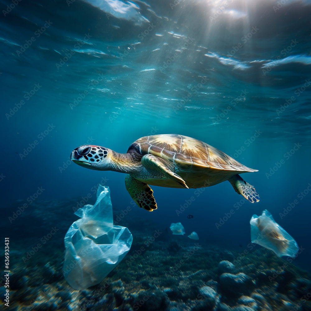 Sea turtle swimming the ocean surrounded by floating garbage and plastic bags. Concept of ocean pollution and the global environmental disaster. Shallow field of view.