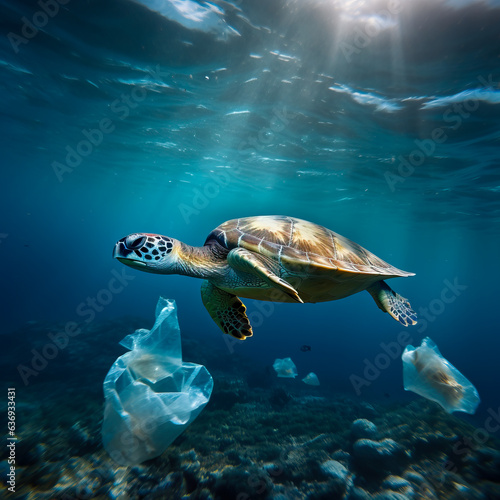 Sea turtle swimming the ocean surrounded by floating garbage and plastic bags. Concept of ocean pollution and the global environmental disaster. Shallow field of view.