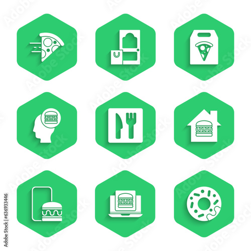 Set Cafe and restaurant location, Online ordering burger delivery, Donut, pizza and icon. Vector