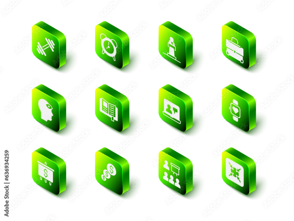 Set Alarm clock, Speaker, Briefcase, Smart watch, Target, Online education, Training, presentation and Financial growth and dollar icon. Vector Set Alarm clock, Speaker, Briefcase, Smart watch, Target, Online education, Training, presentation and Financial growth and dollar icon. Vector