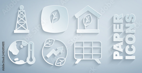 Set Electric saving plug in leaf, Eco friendly house, Earth melting to global warming, Solar energy panel, Leaf symbol and Oil rig icon. Vector