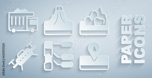 Set Soil analysis, Ore mining, Drone, Oilfield, Volcano and Mining dump truck icon. Vector