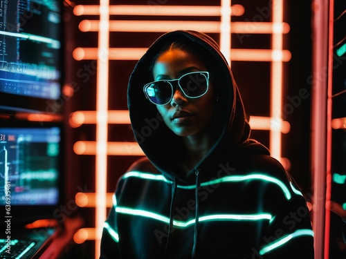 photo of black woman in black hoodie in server data center room with neon light, generative AI